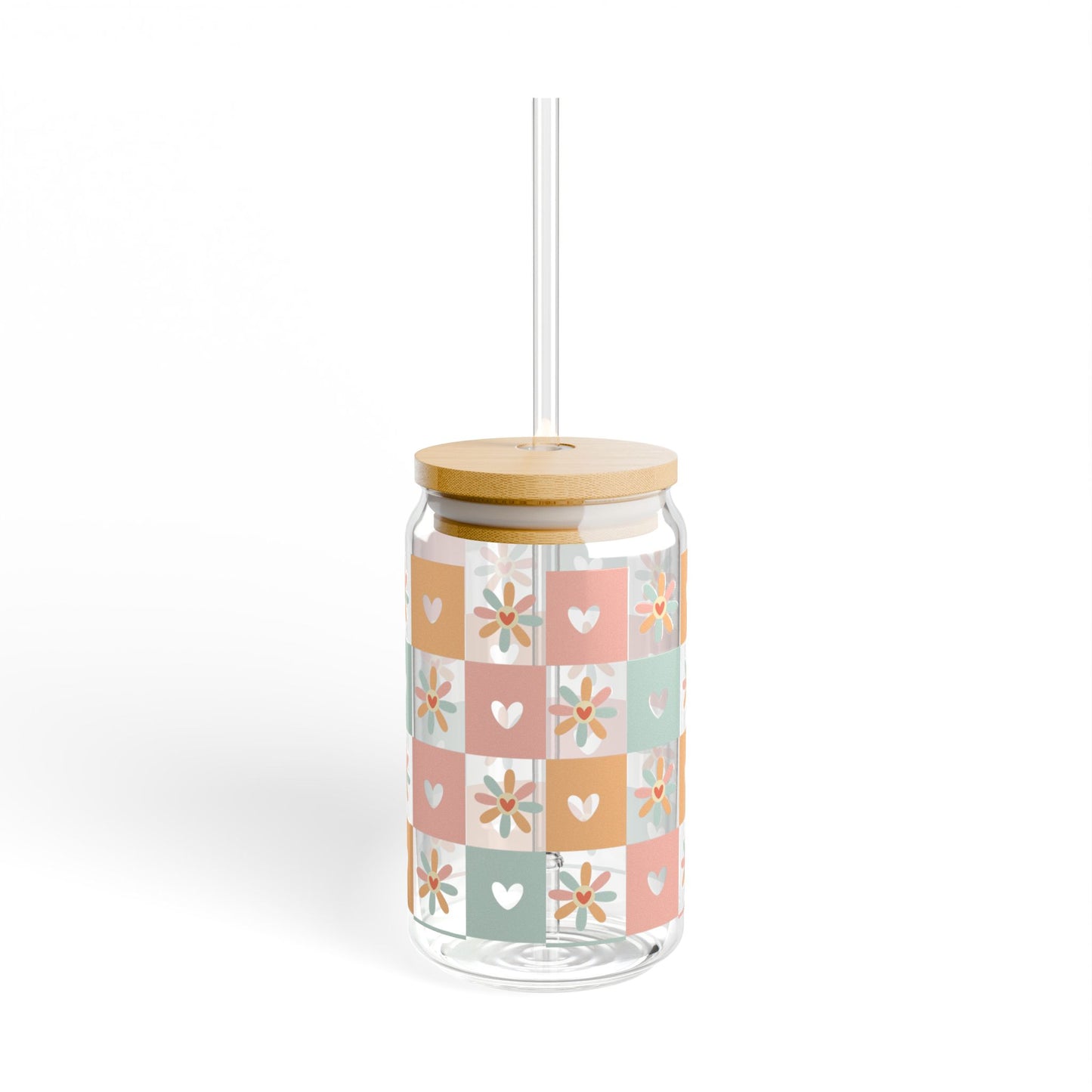 🧡🌼 Pastel Hearts & Flowers Sipper Glass – Retro Charm for Every Sip 💗✨