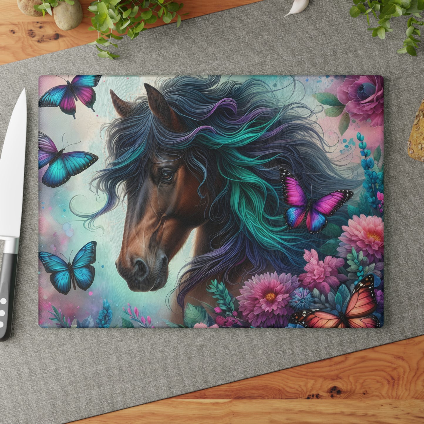 🦋 Majestic Horse & Butterfly Dreamscape Cutting Board – Artistic Elegance for Your Kitchen 🌸