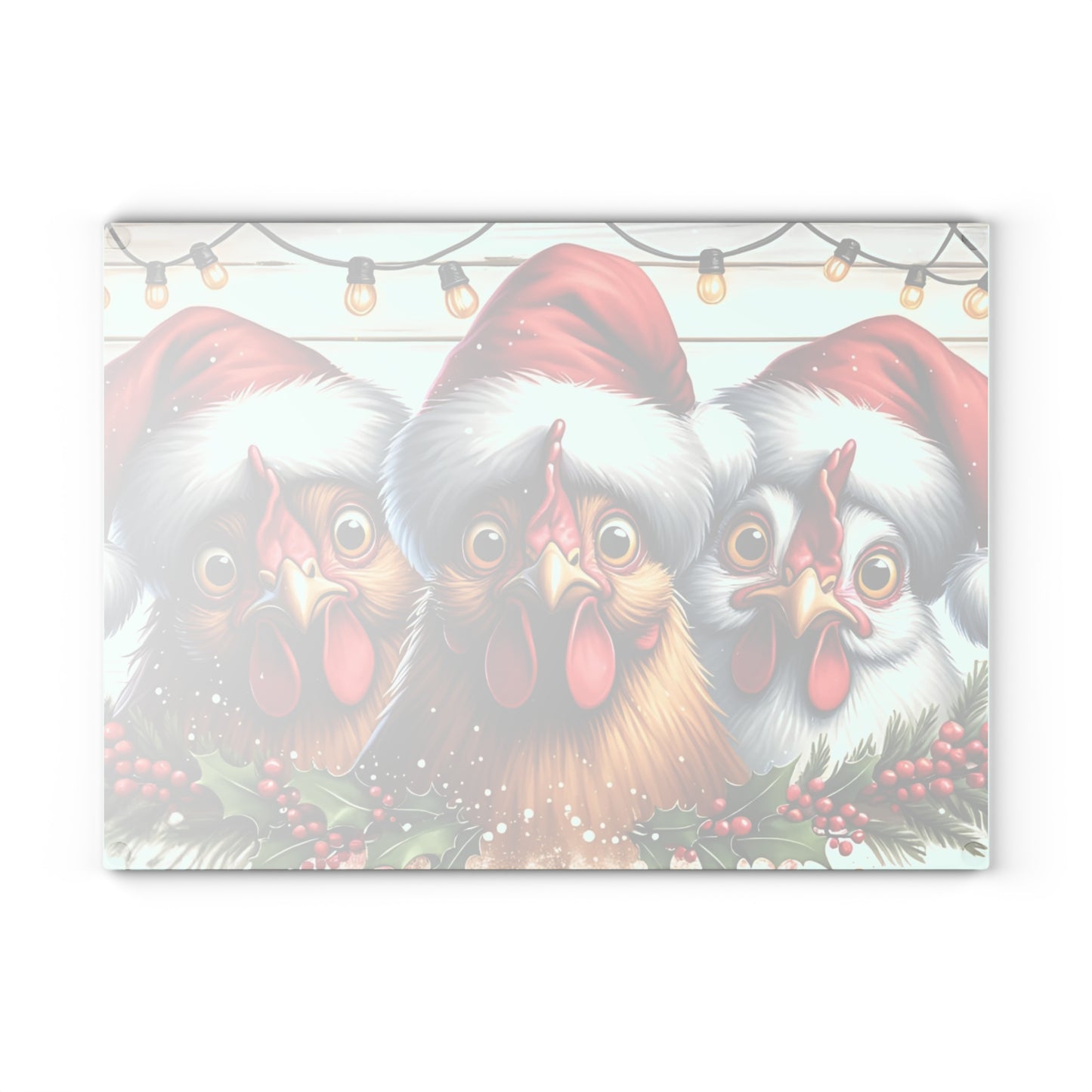 🐔🎄 “Santa Hat Chickens – Whatcha Makin’?” Glass Cutting Board – Cozy Charm for Your Kitchen