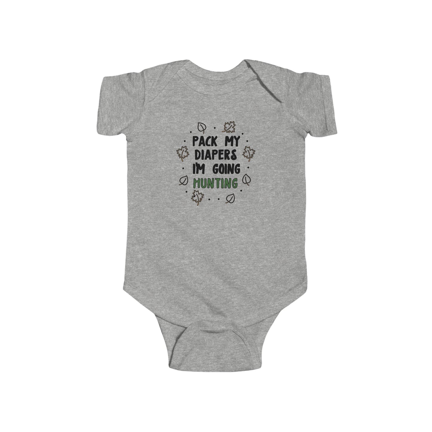 Pack My Diapers I’m Going Hunting Baby Onesie – Cute Outdoor-Themed Bodysuit with Leaf Graphics