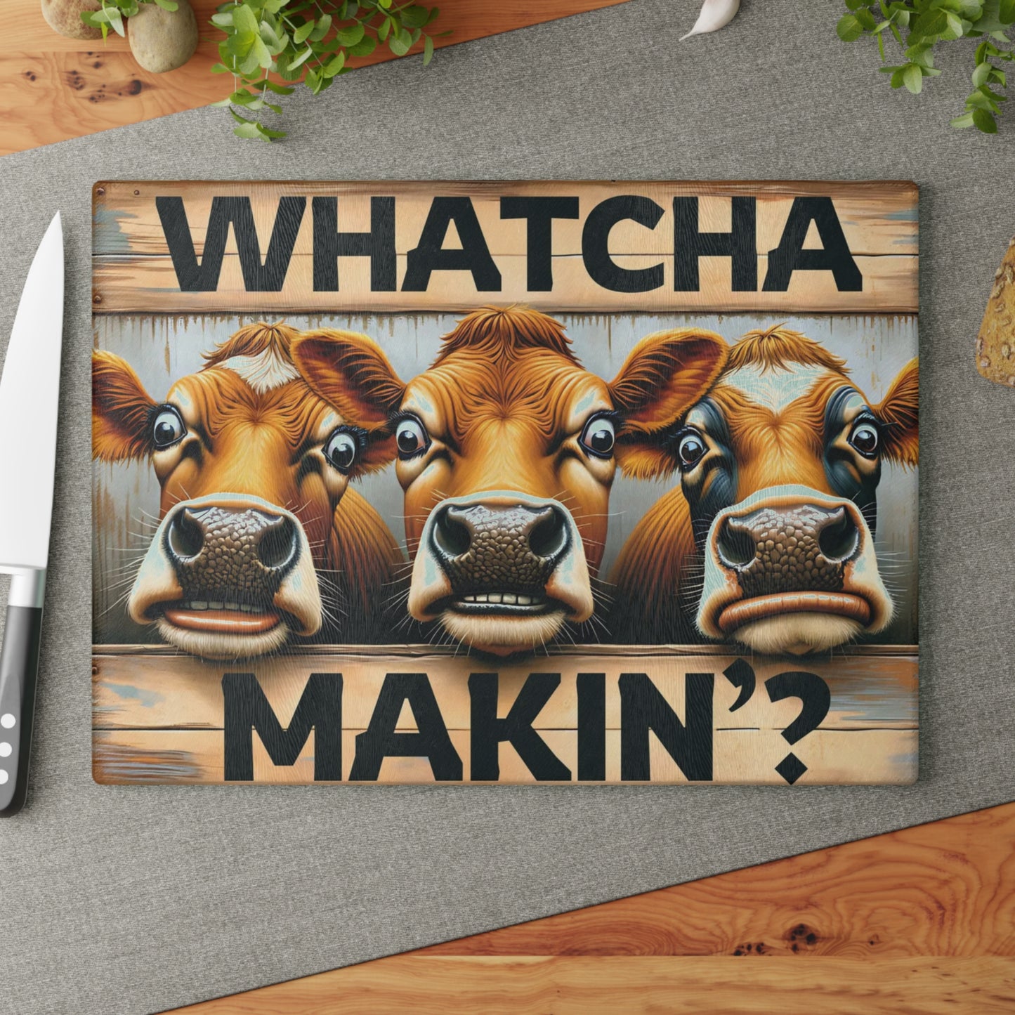 🐮🤠 “Whatcha Makin’?” Glass Cutting Board – Cozy Charm for Your Kitchen