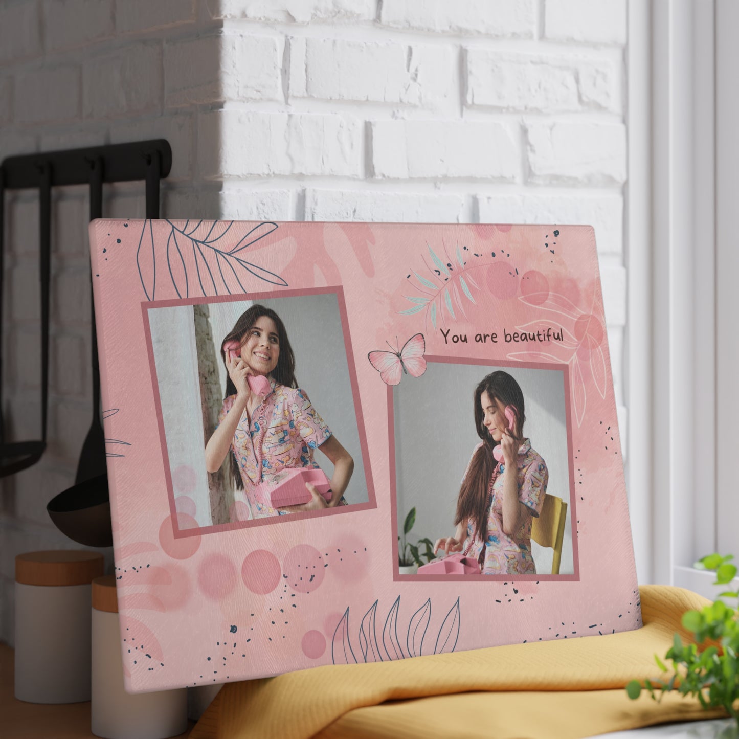 You Are Beautiful Photo Collage Glass Cutting Board – Pink Butterfly Inspirational Keepsake