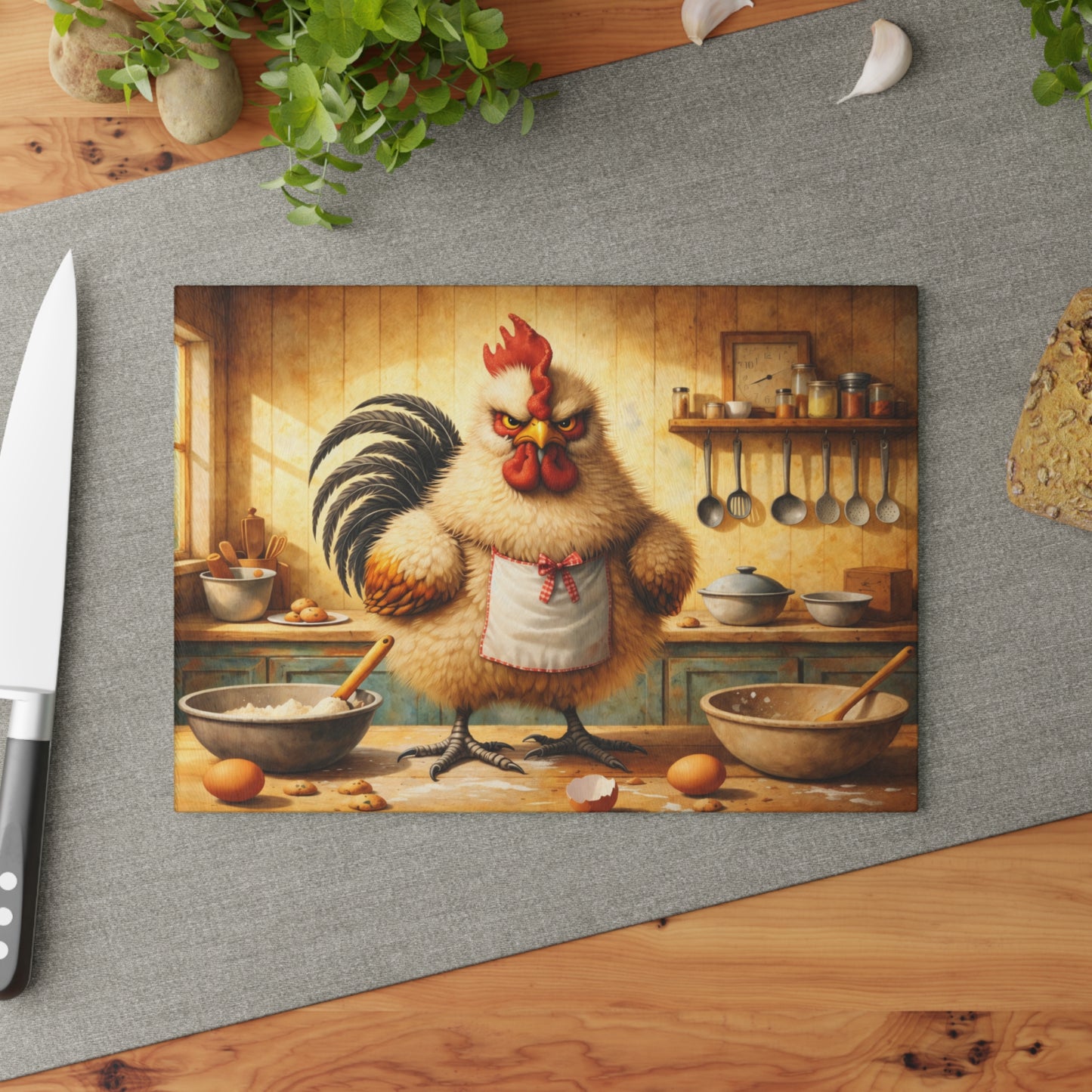 Feisty Farmhouse Chicken Glass Cutting Board – Rustic Kitchen Art with Attitude