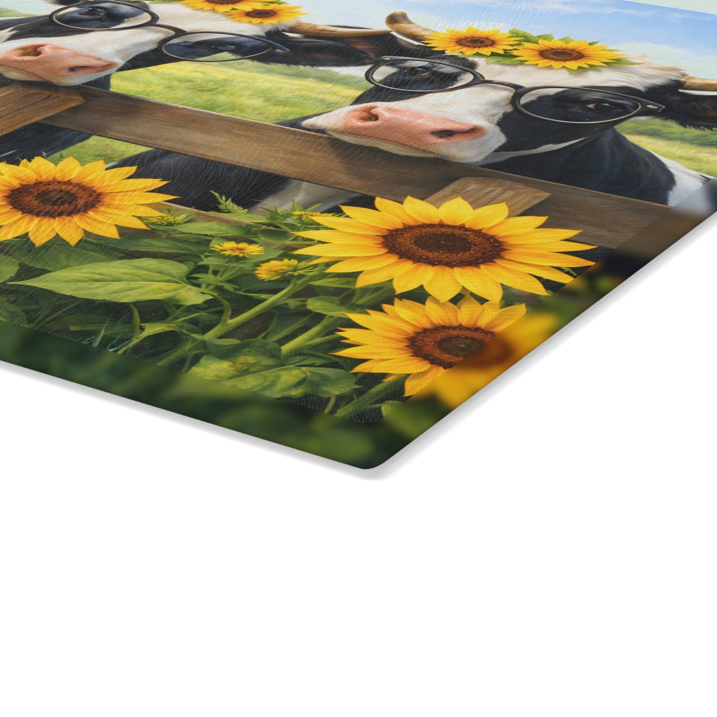 Sunflower Cow Trio Glass Cutting Board – Cheerful Farmhouse Kitchen Accent