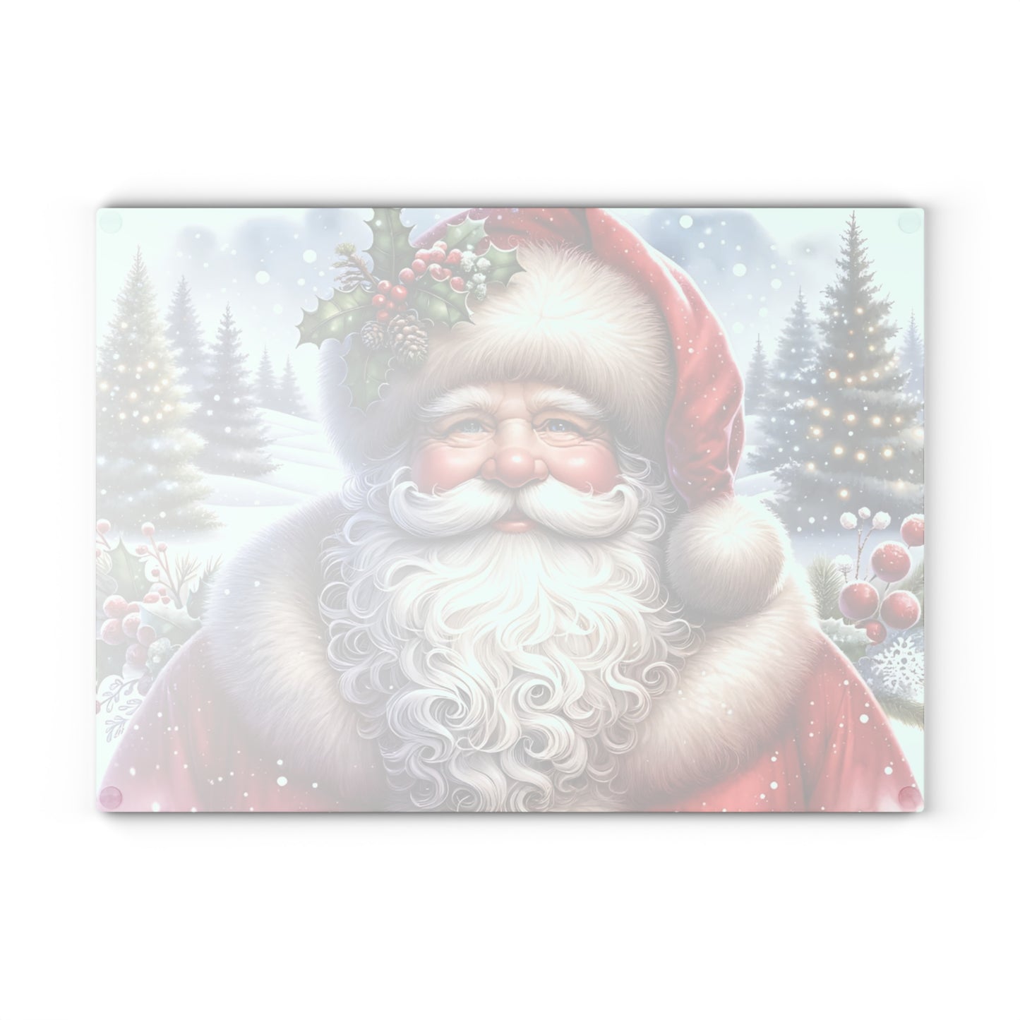 🎅✨ “Jolly Santa in the Pines” Glass Cutting Board – Cozy Charm for Your Kitchen
