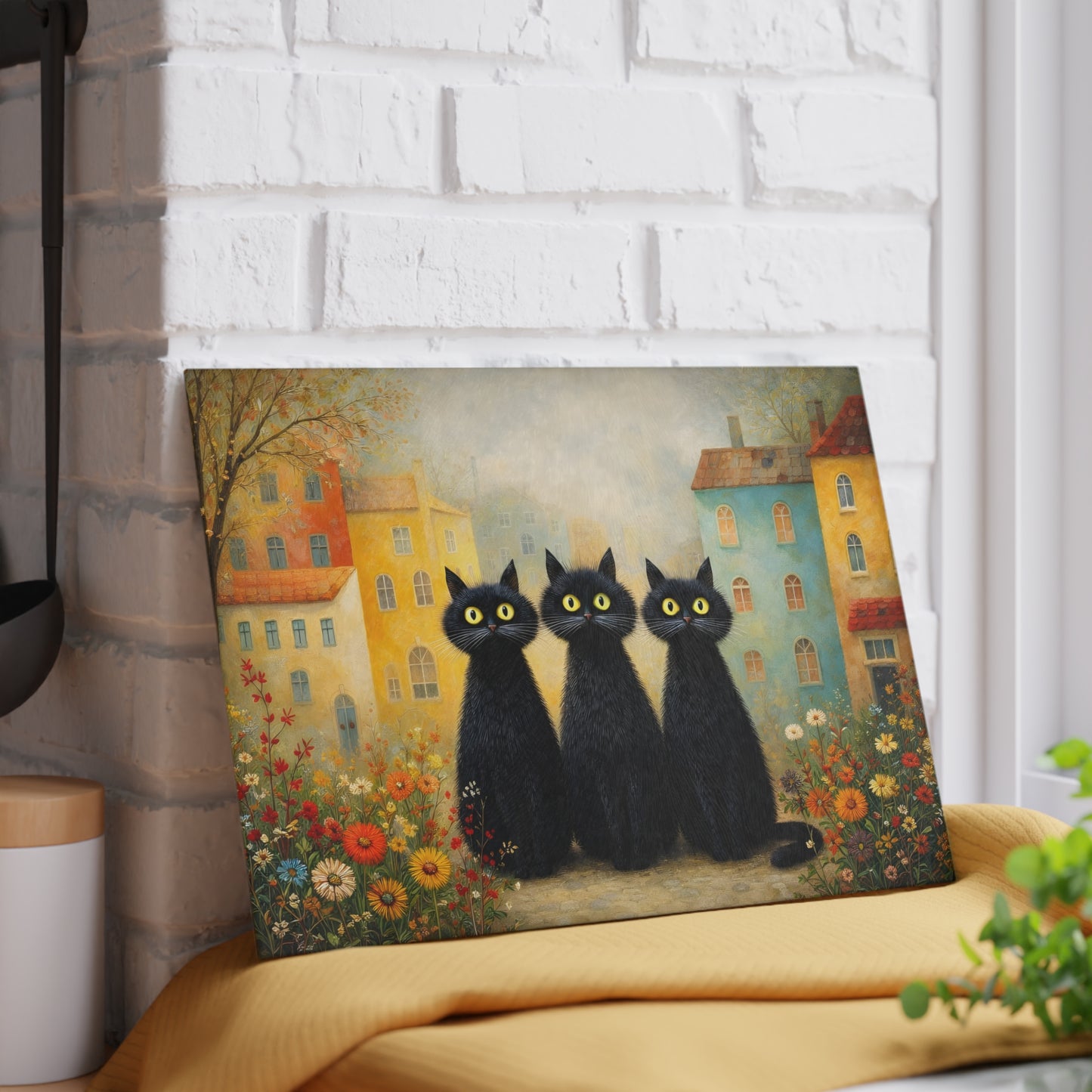Whimsical Black Cats Village Scene Glass Cutting Board – Storybook Kitchen Art