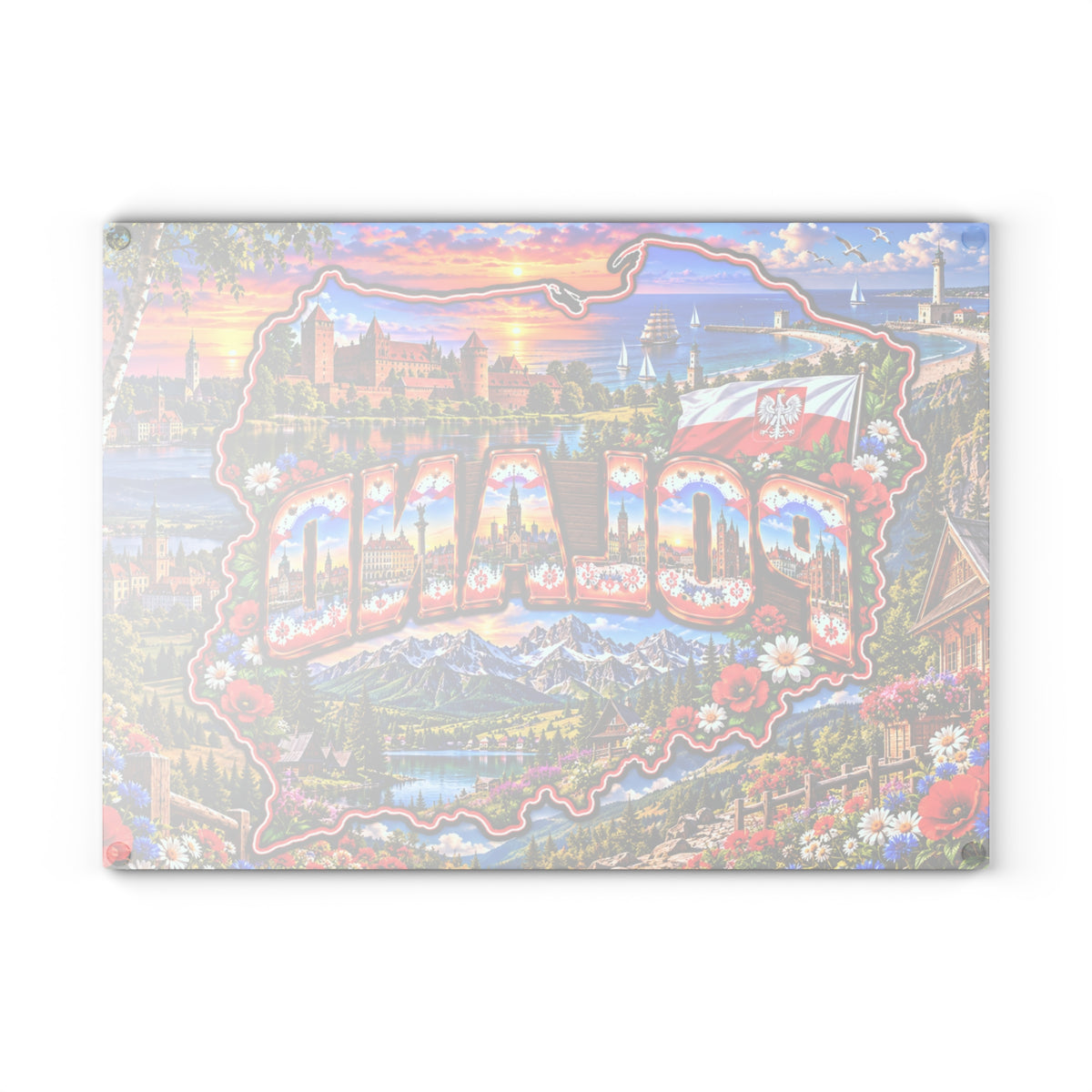 Poland Map Cutting Board – Colorful Polish Landmarks, Tatra Mountains, Medieval Castles, Baltic Coast & Patriotic Kitchen Décor