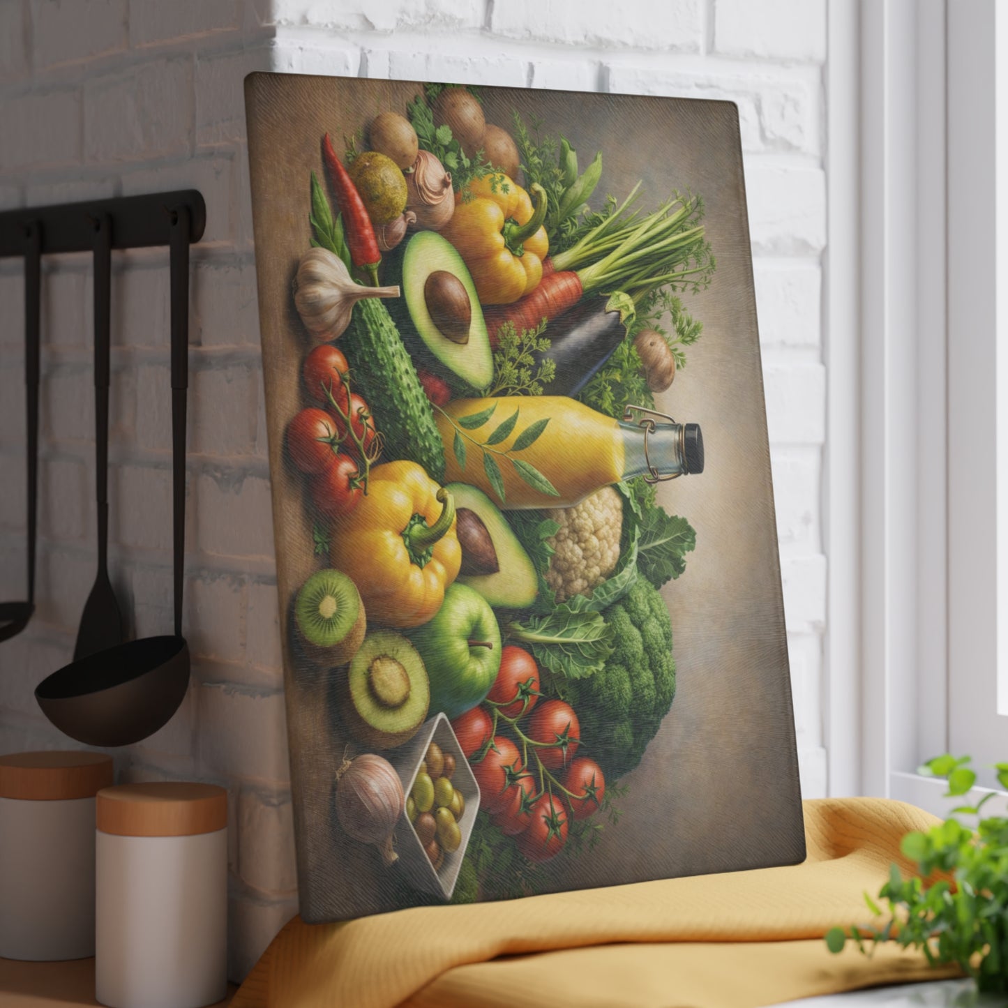 Garden Harvest Still Life Glass Cutting Board – Rustic Vegetable & Fresh Produce Kitchen Art