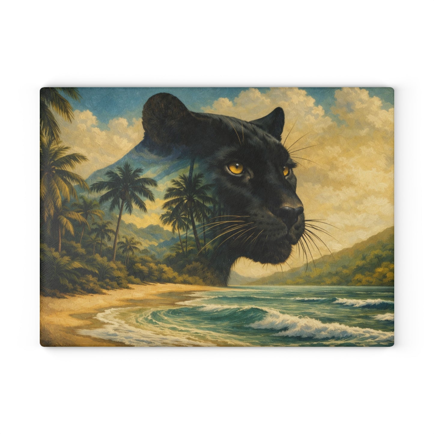 Black Panther Tropical Beach Glass Cutting Board – Exotic Wildlife Coastal Artwork
