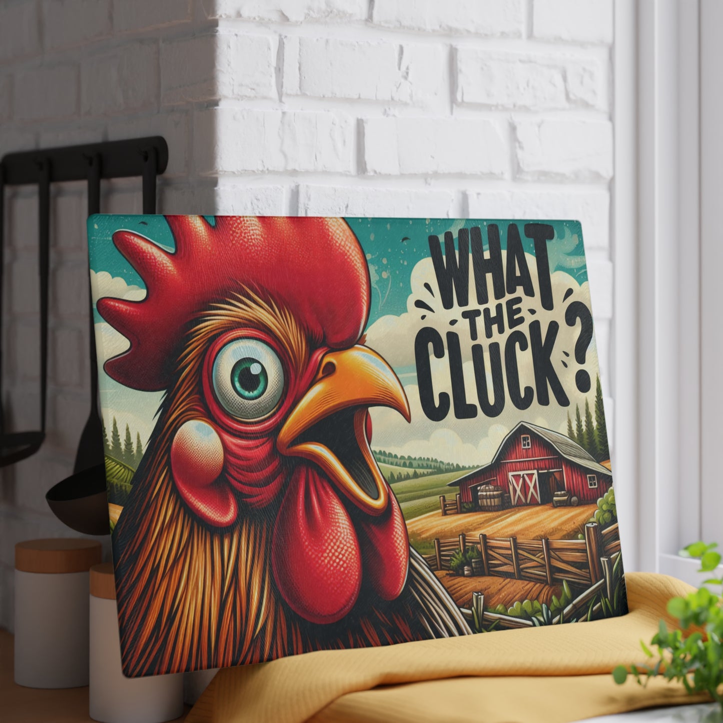 What the Cluck Glass Cutting Board – Funny Rooster Farm Kitchen Art Display
