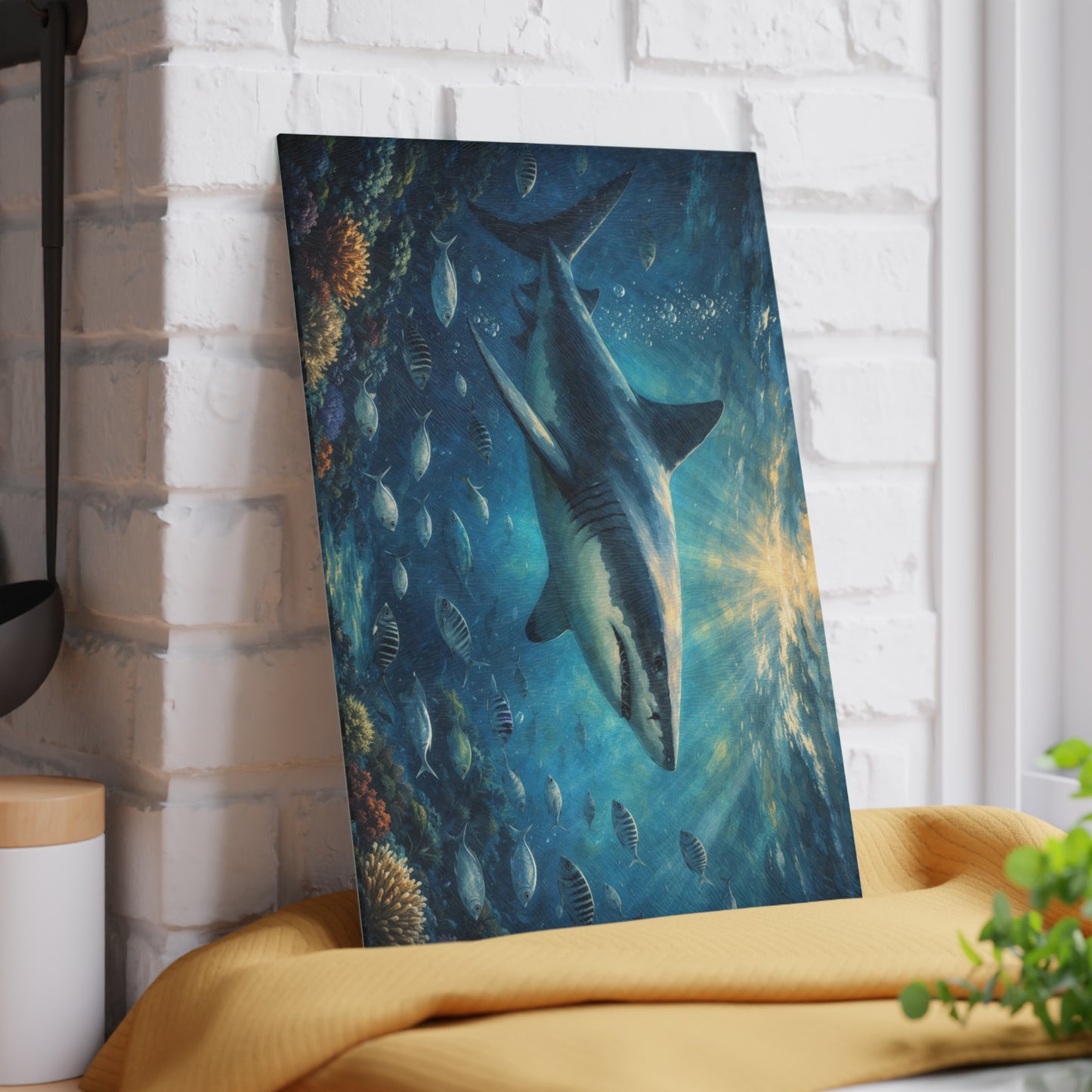 Guardian of the Deep Glass Cutting Board – Majestic Ocean Shark Artwork