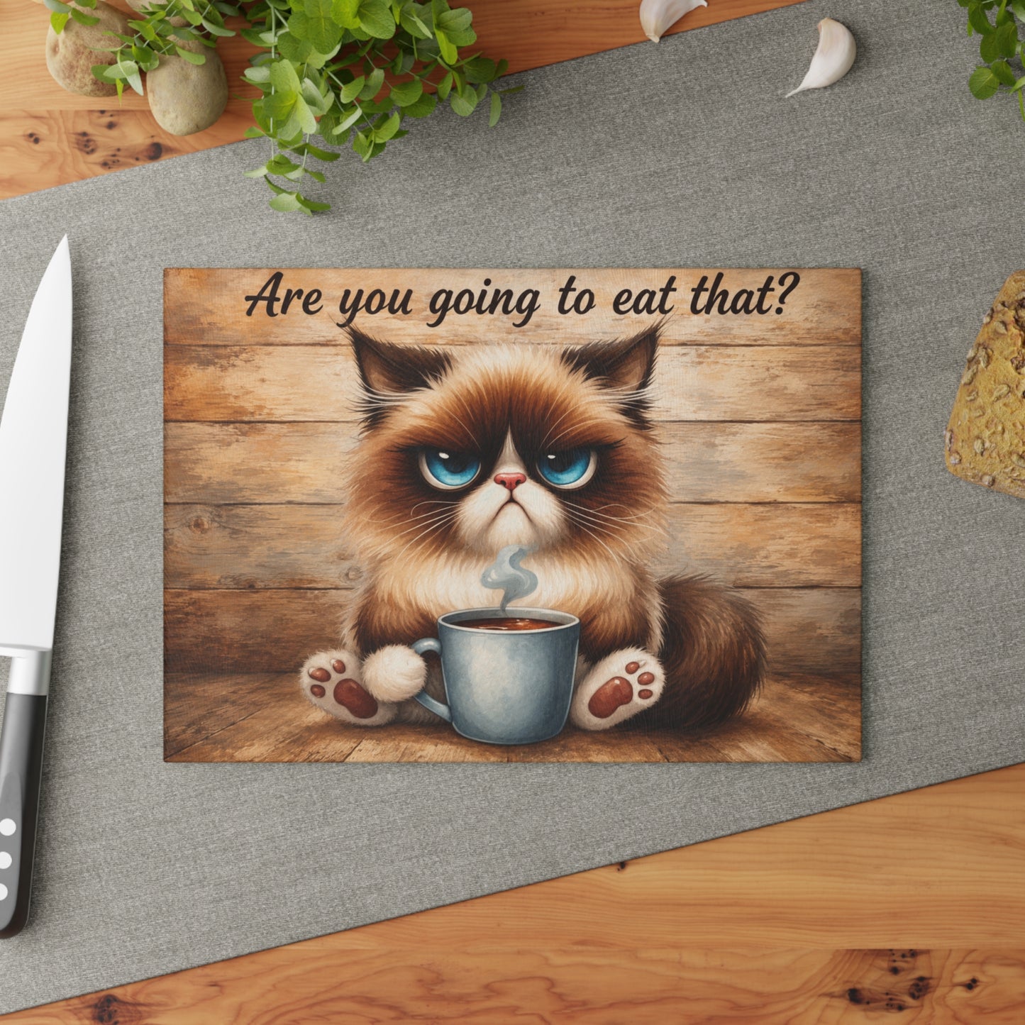 Funny Moody Kitty Glass Cutting Board – Rustic Farmhouse Cat Kitchen Décor