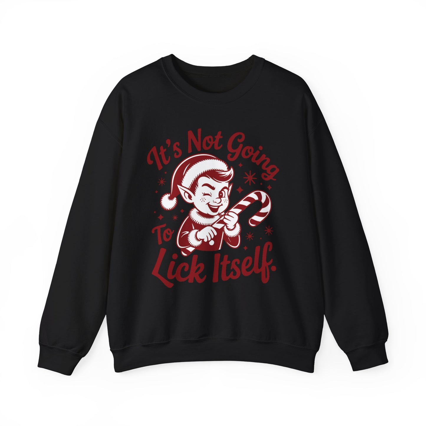 🍭😅 “It’s Not Going To Lick Itself” Men’s Funny Elf Sweatshirt – Bold Candy Cane Humor Crewneck