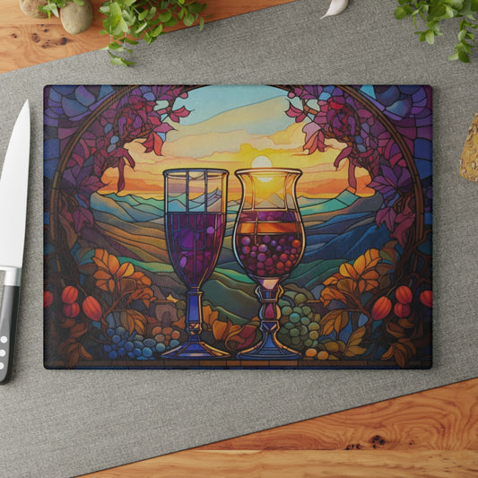 Tabla de cortar de vidrio templado con copas de vino de colores – Diseño Sunset Vineyard