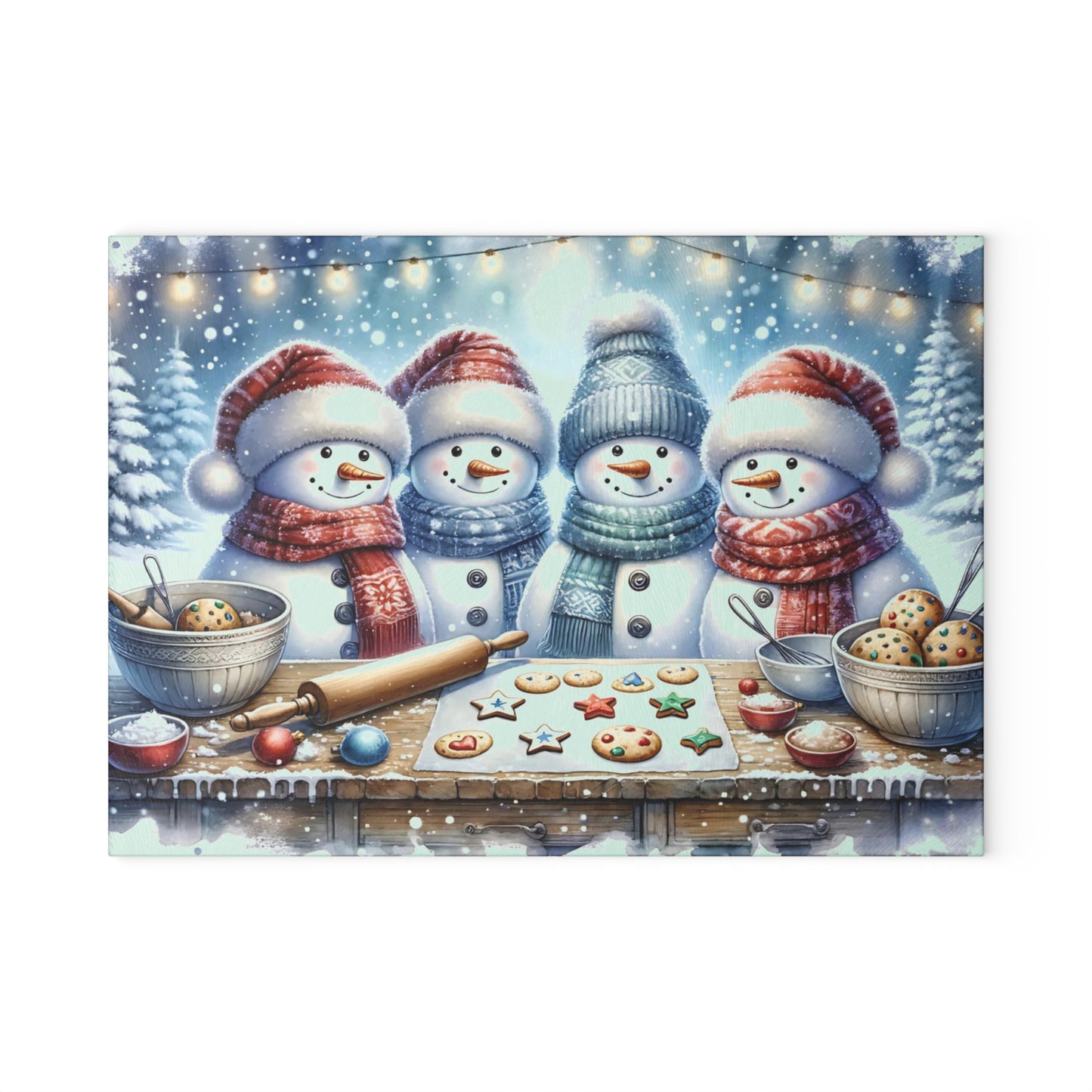 ⛄️🍪 “Snowman Cookie Crew” Glass Cutting Board – Cozy Charm for Your Kitchen