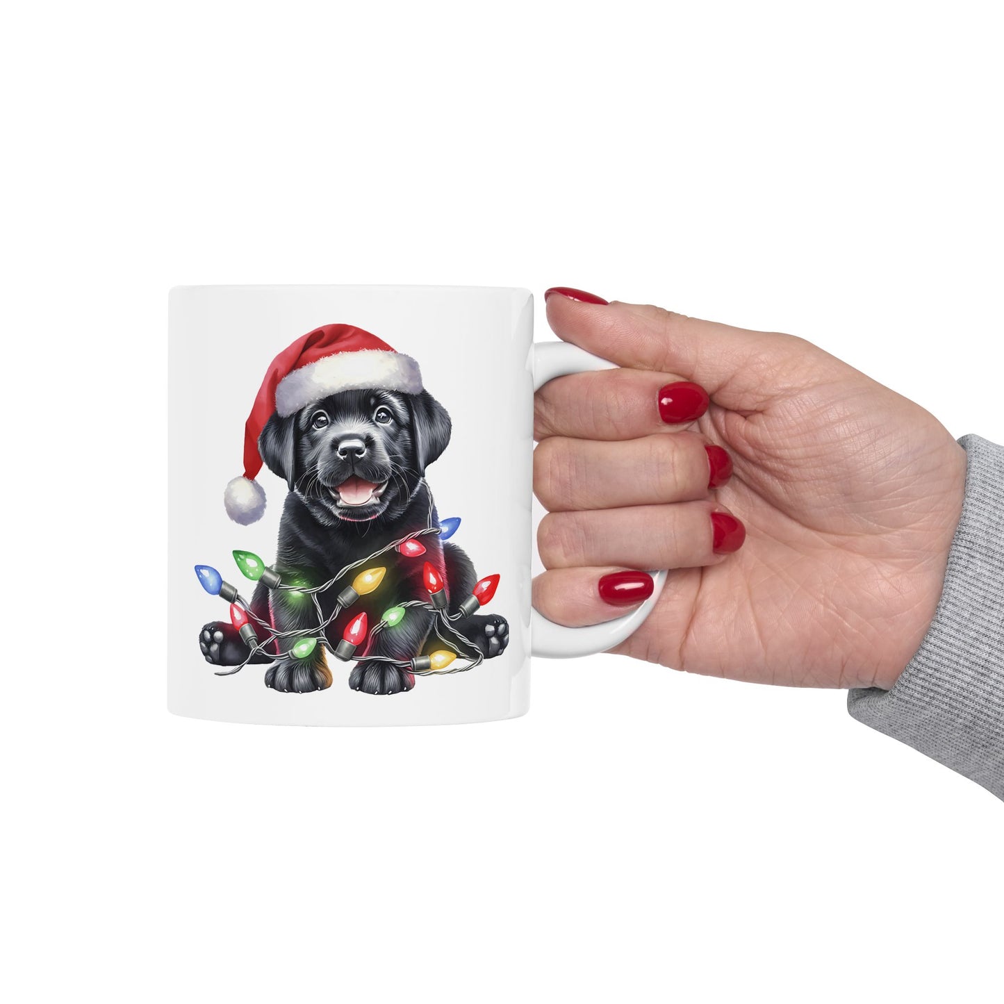 🎄 Labrador Puppy Christmas Mug – Santa Hat & Holiday Lights Cheer 🐾