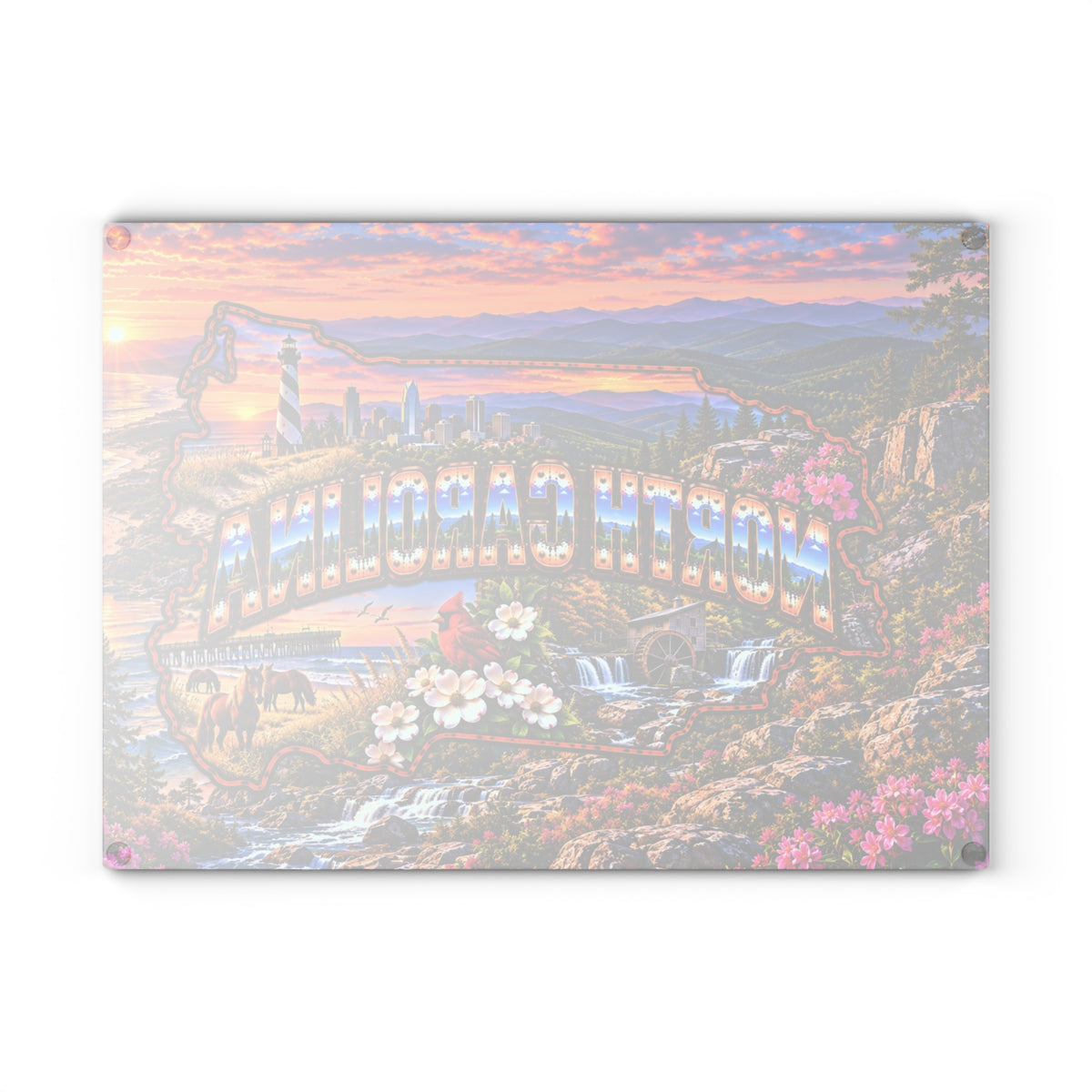 North Carolina Glass Cutting Board – State Map, Blue Ridge Mountains, Cape Hatteras Lighthouse, Cardinal, Wild Horses & Coastal Sunset Kitchen Décor