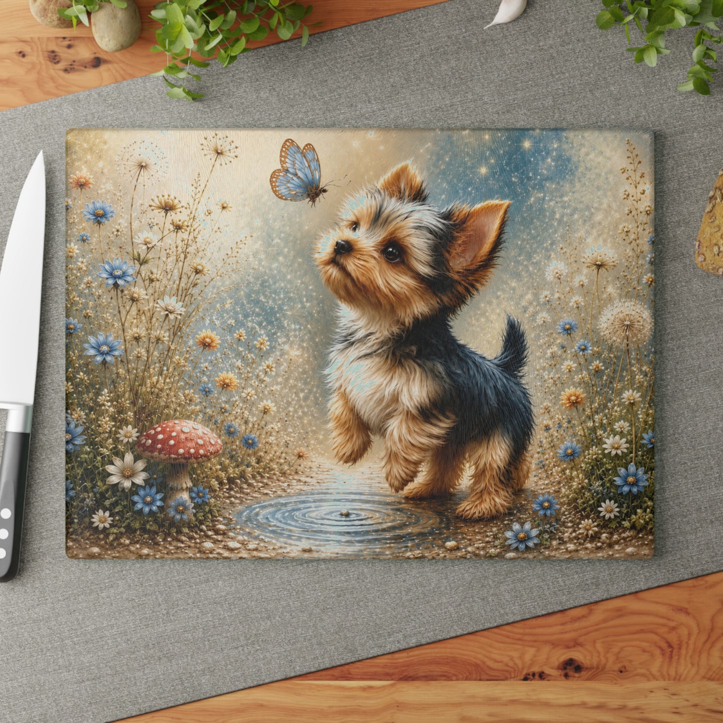 Whimsical Yorkie Butterfly Glass Cutting Board
