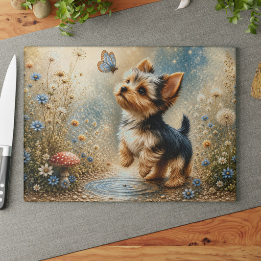 Whimsical Yorkie Butterfly Glass Cutting Board