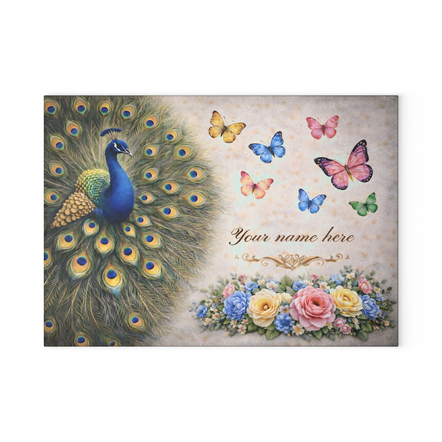 Personalized Peacock Glass Cutting Board – Elegant Butterfly & Floral Kitchen Display