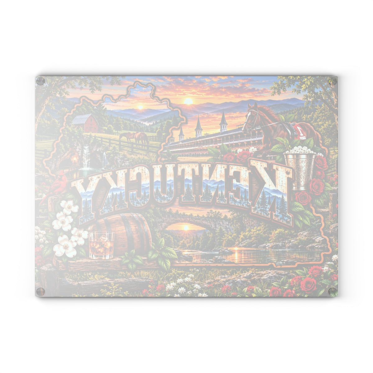 Kentucky Scenic Glass Cutting Board – Horse Racing, Bourbon Barrel, Red Cardinal & Bluegrass Country Décor