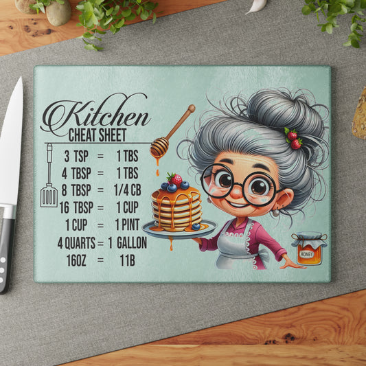 👵 Kitchen Cheat Sheet Cutting Board – Adorable Grandma & Handy Kitchen Conversion Chart