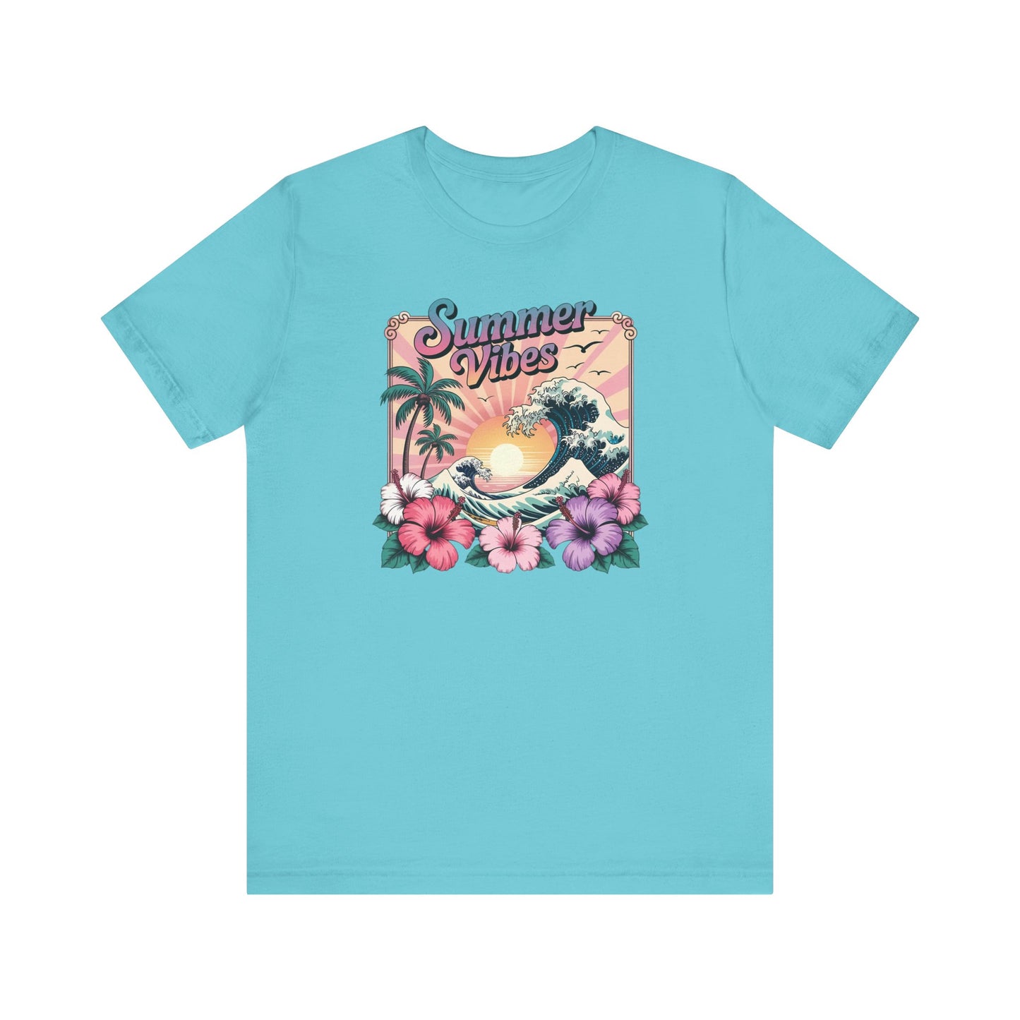 ☀️ Camiseta Summer Vibes – Ola playera vibrante, hibisco y palmeras | Camiseta gráfica para mujer
