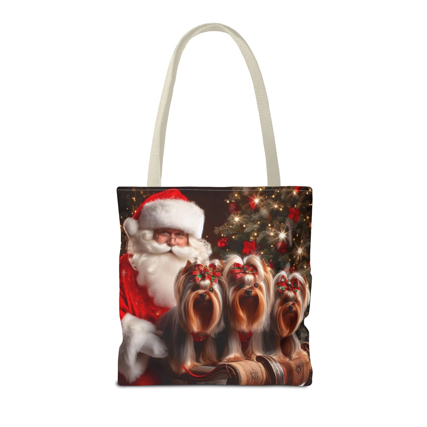 🎅 Santa & Yorkies Christmas Tote Bag – Holiday Cheer with a Furry Twist 🎄