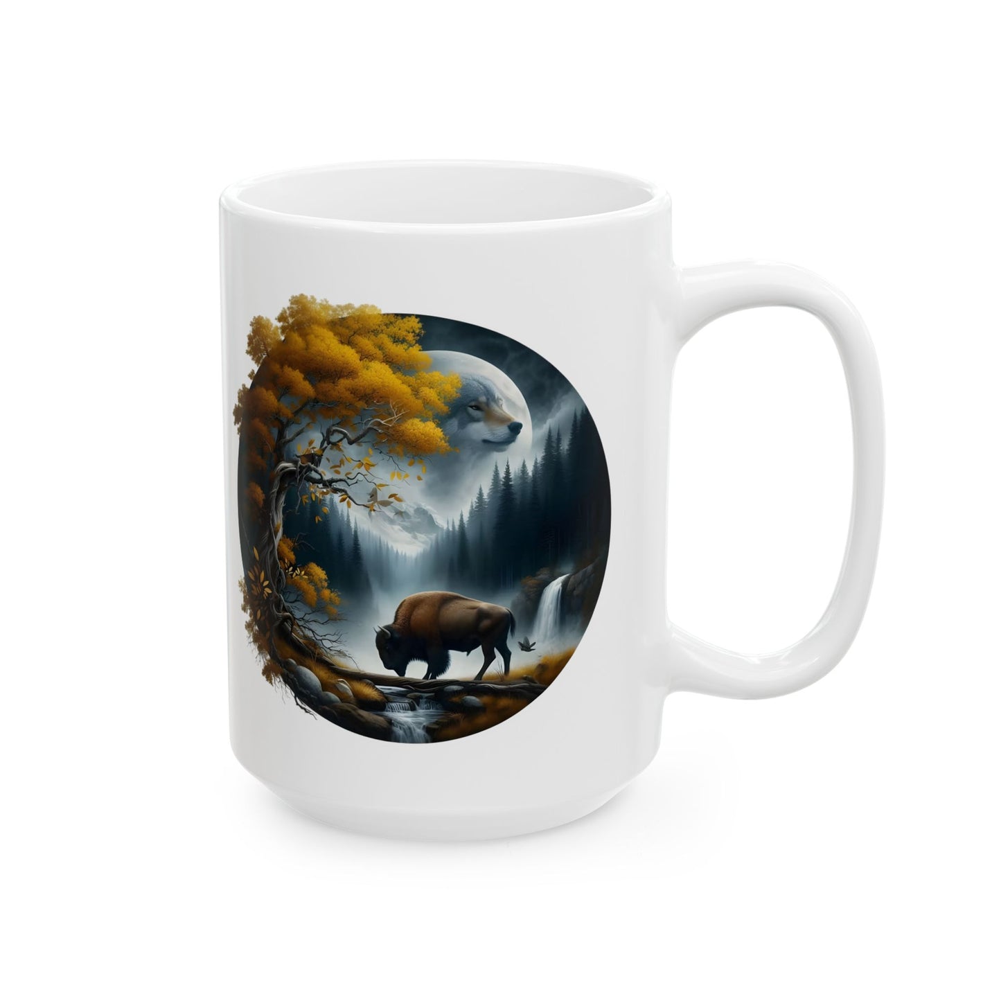 🌙🐂 Wolf & Buffalo Spirit Mug – Autumn Nature Coffee Cup ☕🌲