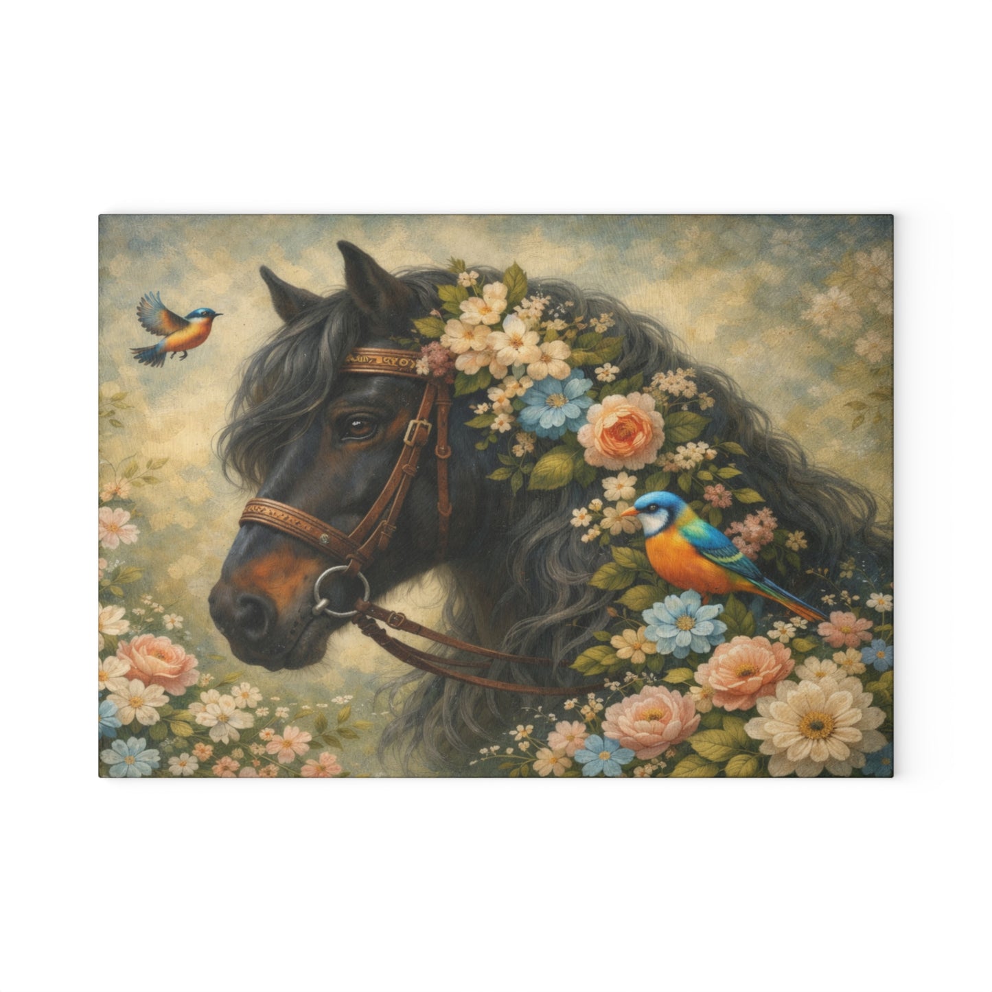 Floral Horse Glass Cutting Board – Elegant Country Farmhouse Kitchen Decor with Birds and Garden Flowers