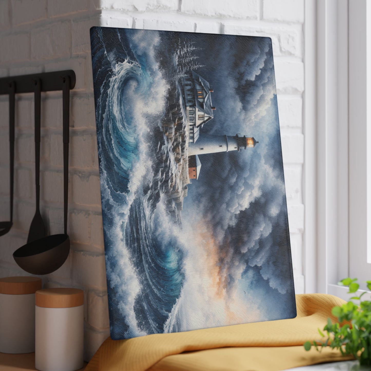 Storm watch Lighthouse Glass Cutting Board – Dramatic Coastal Ocean Art