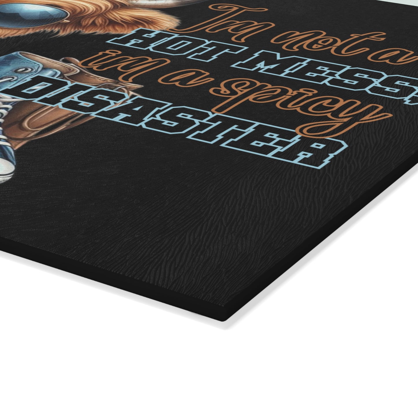 "I'm Not a Hot Mess; I'm a Spicy Disaster" – Highland Cow Glass Cutting Board
