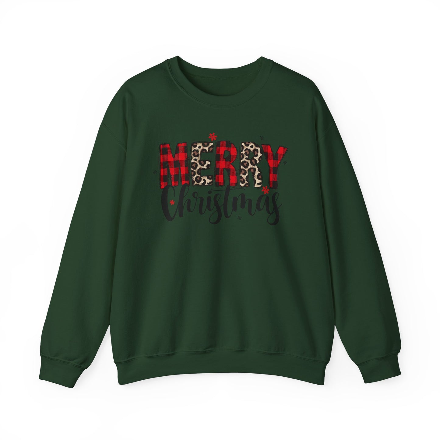 🎄🖤 Merry Christmas Buffalo Plaid & Leopard Crewneck – Cozy Unisex Holiday Pullover