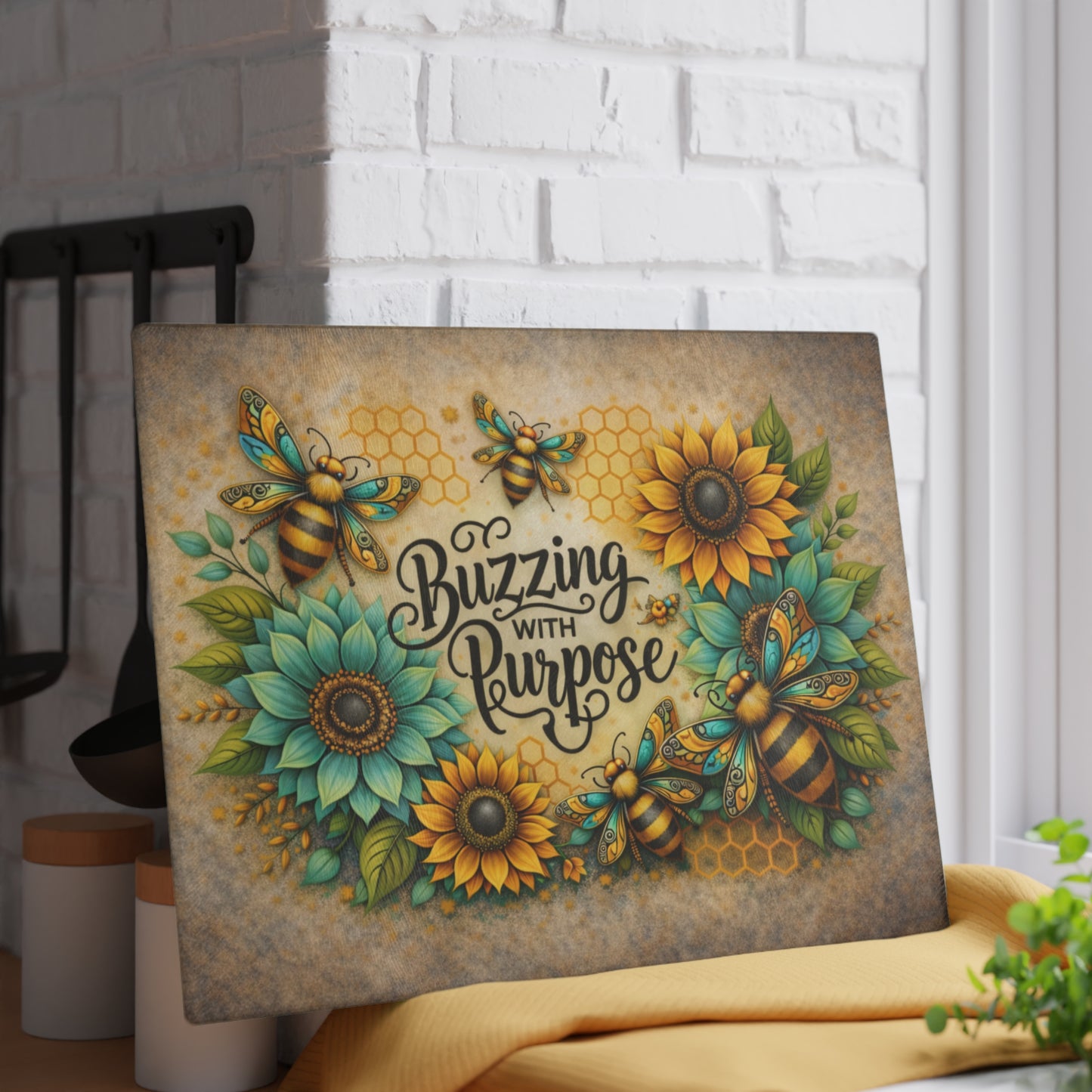 Buzzing with Purpose Glass Cutting Board – Rustic Farmhouse Kitchen Decor