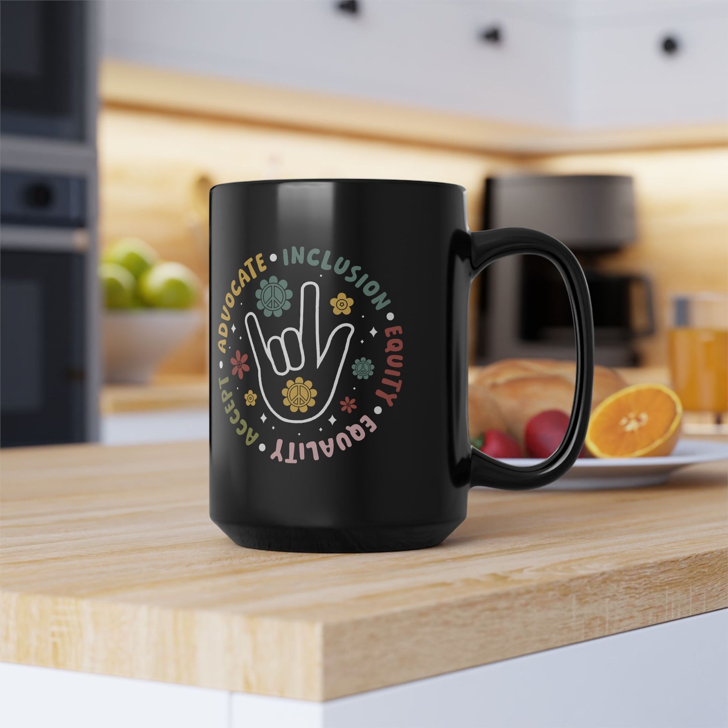 🤟 Advocate • Inclusion • Equity • Equality • Accept – Black Ceramic Mug (15oz)