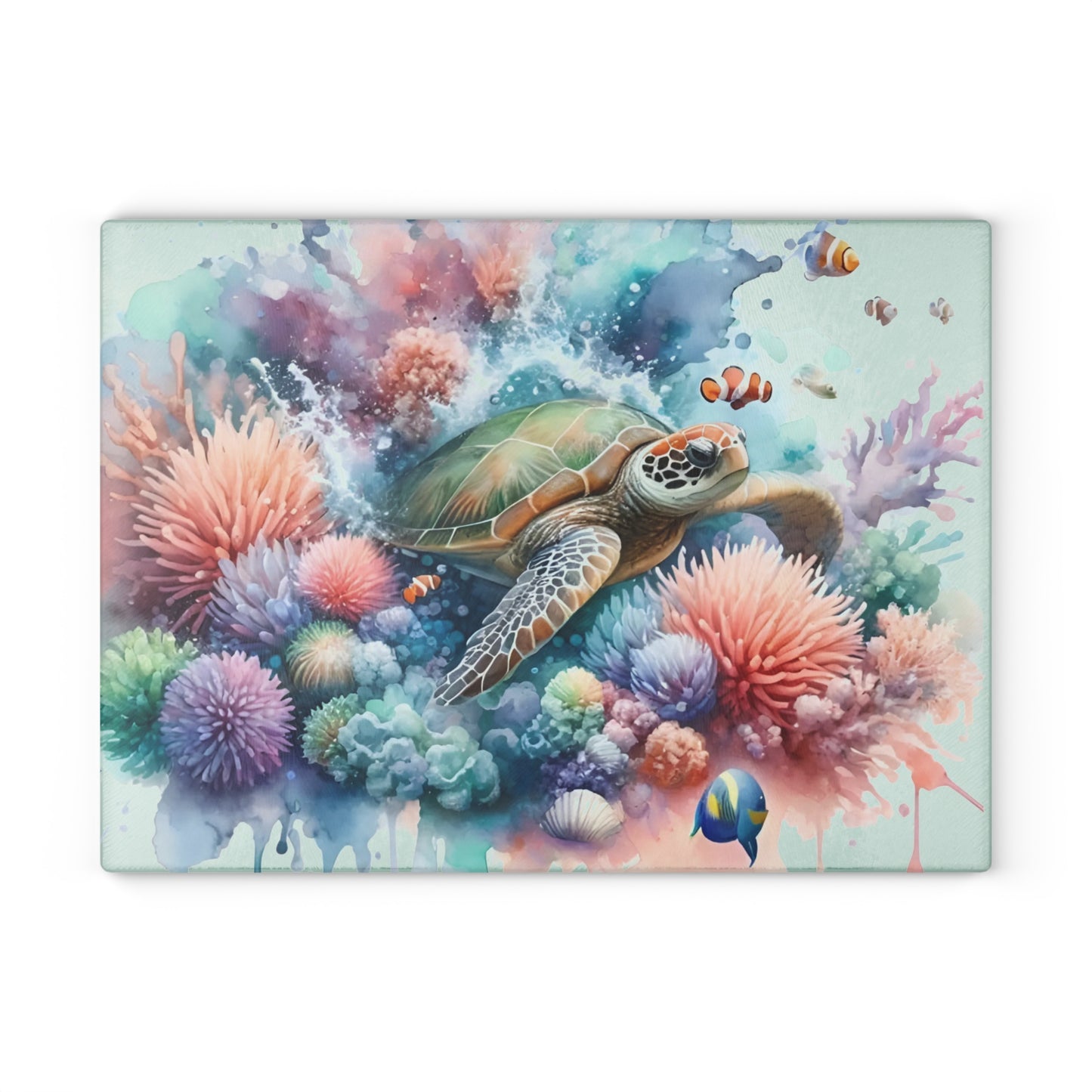 Pastel Coral Splash Sea Turtle Cutting Board – Tranquil Reef Elegance for Your Kitchen