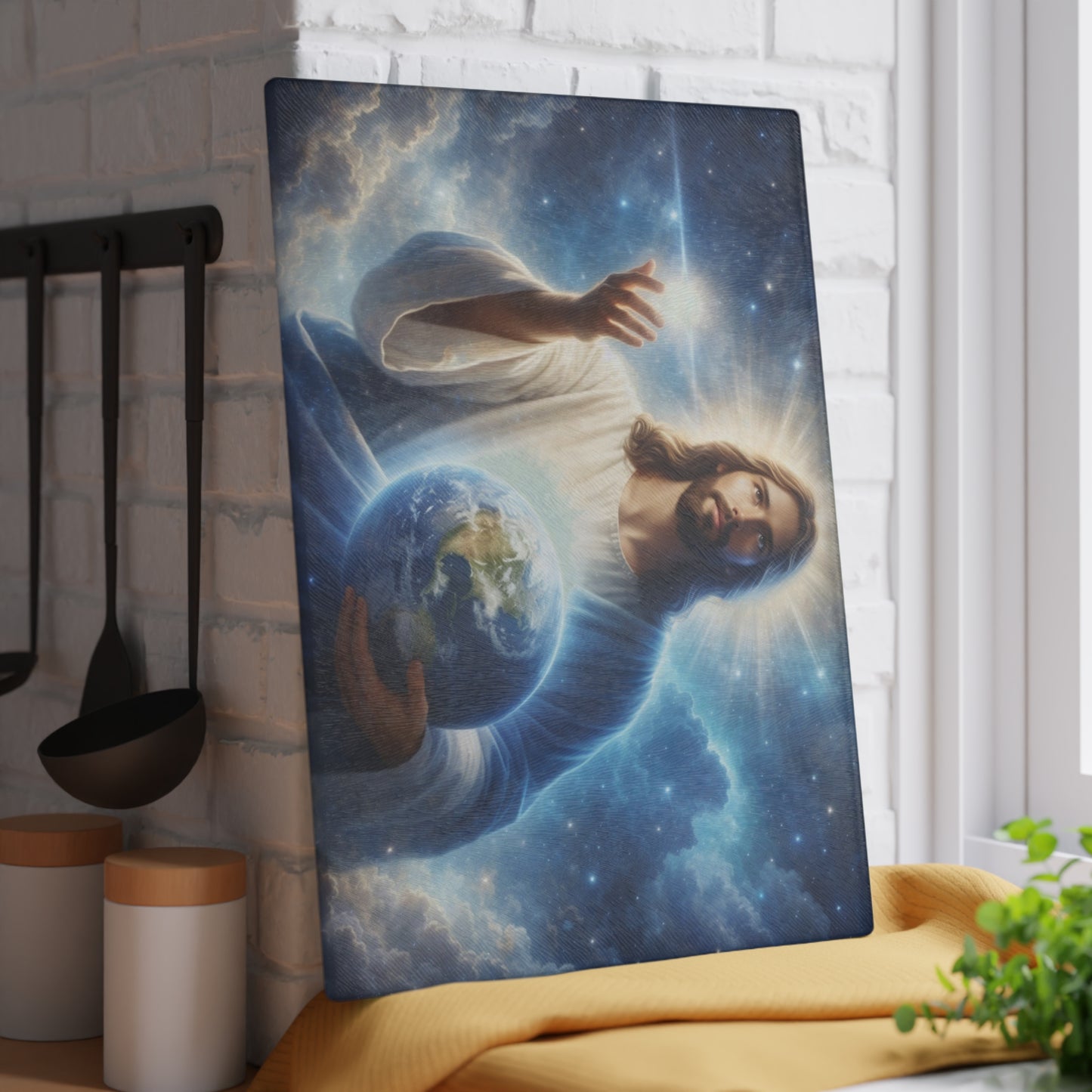 King of Creation Glass Cutting Board – Faith-Inspired Artwork Holding the World