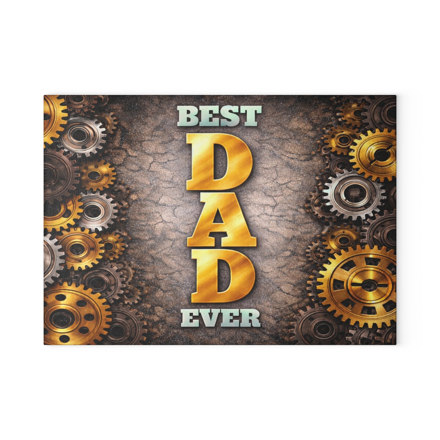 Best Dad Ever Glass Cutting Board – Industrial Gear Father Tribute Kitchen Art