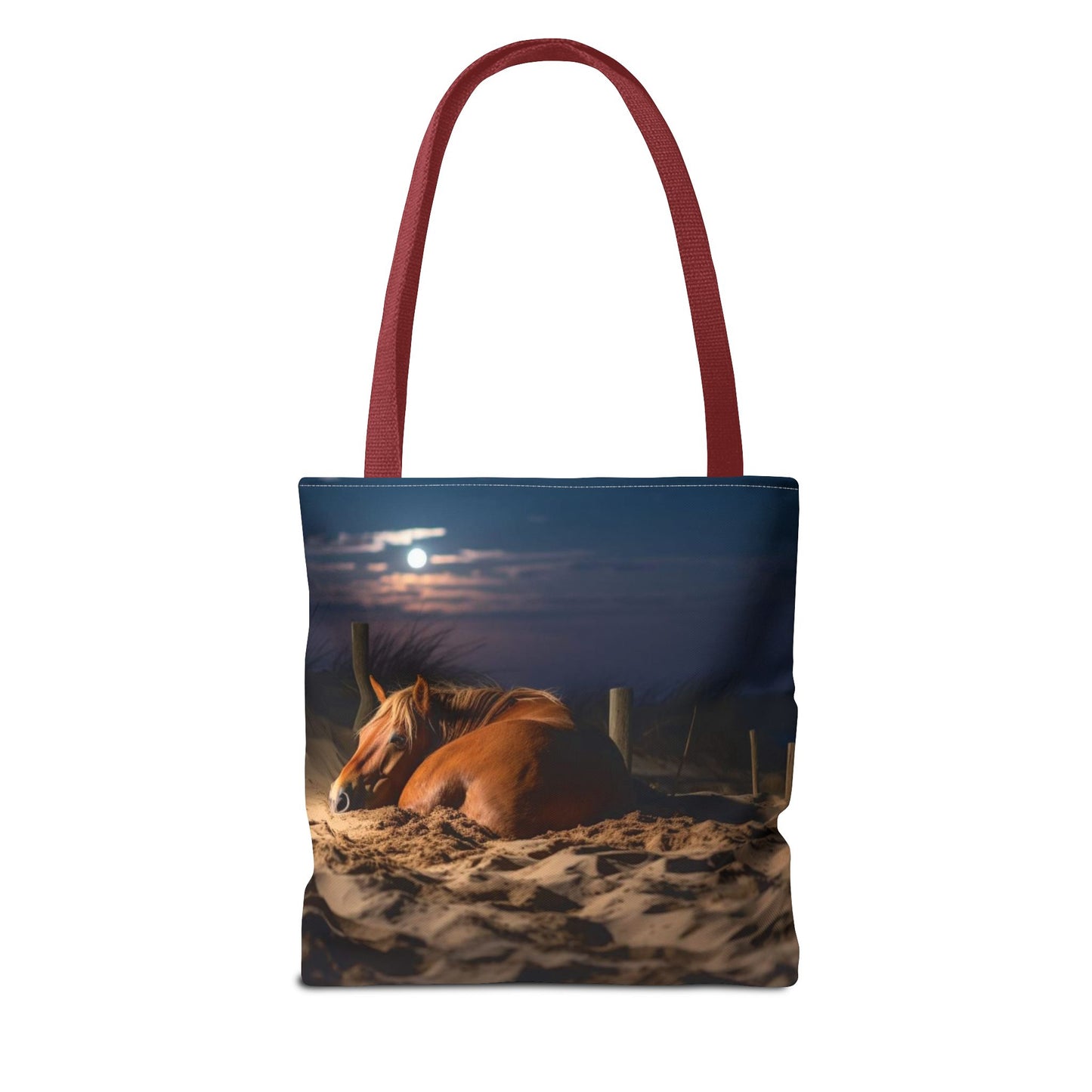 Bolsa de tela "Caballo durmiendo en la playa bajo la luz de la luna": una escapada serena a cada paso