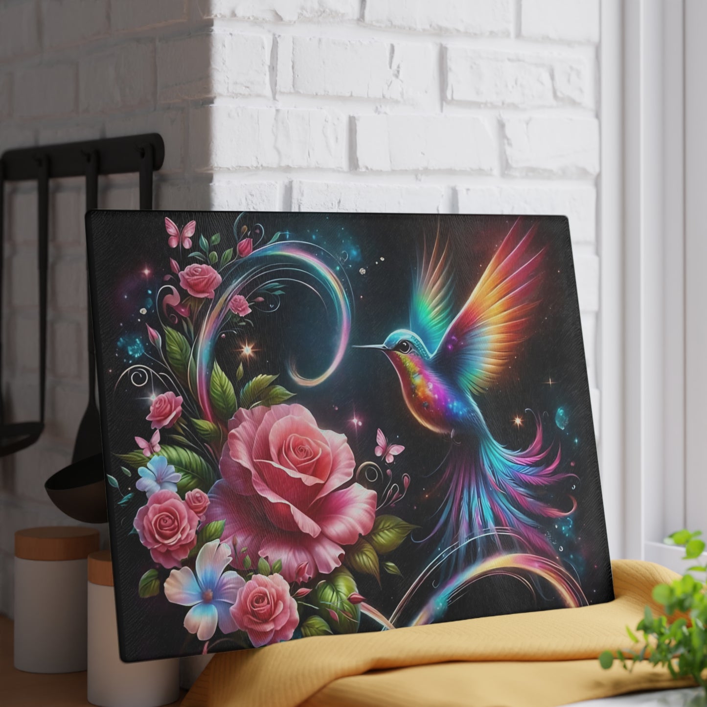 Hummingbird & Roses Tempered Glass Cutting Board – Floral Kitchen Decor, Spring Gift, Mother’s Day Present