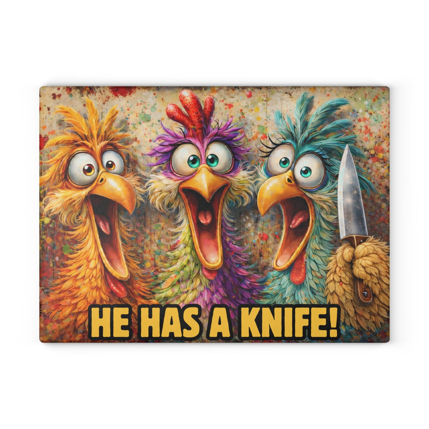 He Has a Knife! Funny Chicken Glass Cutting Board – Bold Farmhouse Kitchen Humor