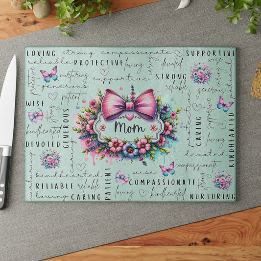 🐾🌸 Mom Pink Bow Floral Cutting Board – Elegant Gift of Love for the Heart of the Home 💕🌼