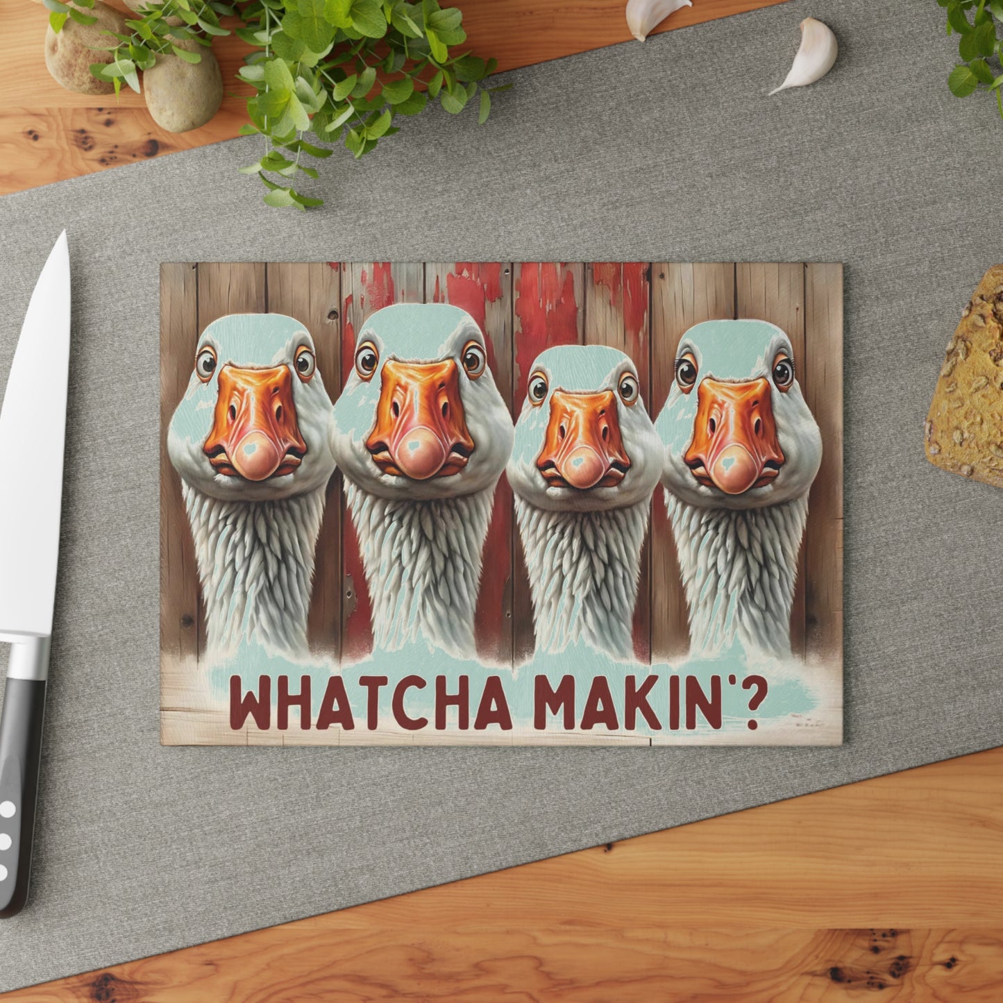 🪿🤎 “Whatcha Makin’?” Glass Cutting Board – Cozy Charm for Your Kitchen
