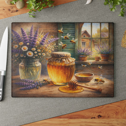 Golden Honey & Wildflowers Glass Cutting Board – Cozy Cottage Beekeeping Kitchen Art