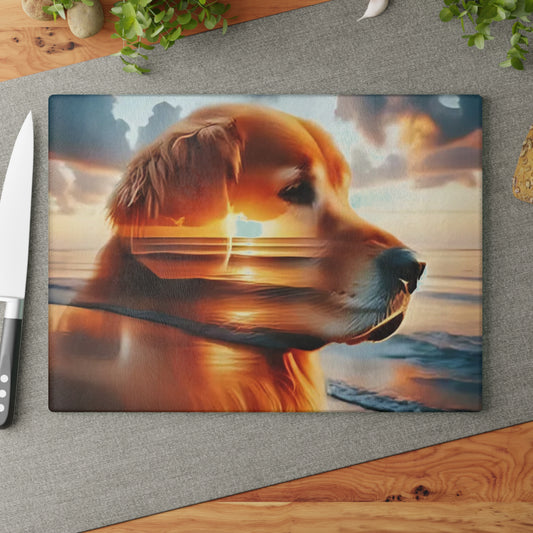 🌅🐕 Golden Retriever Sunset Cutting Board – Coastal Serenity Meets Canine Love 🐾✨