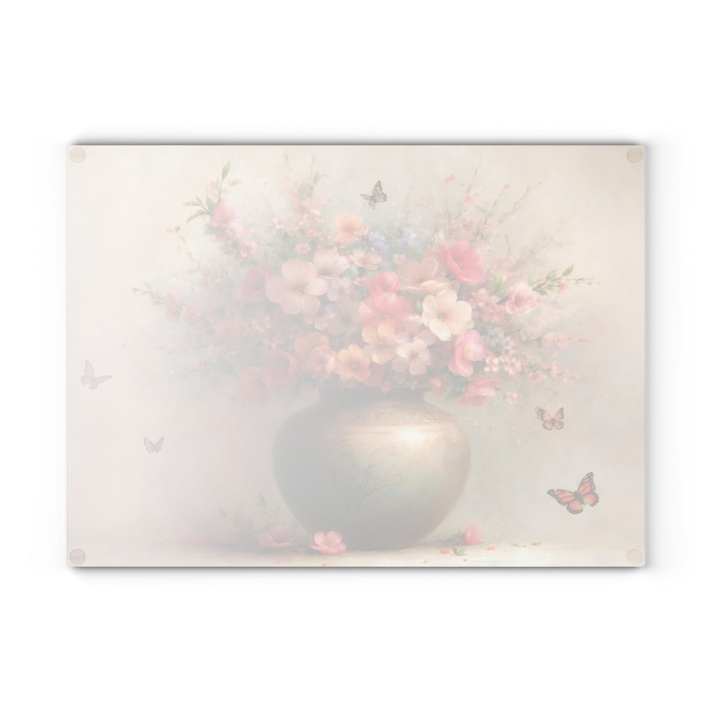 Blossoming Floral Vase with Butterflies Glass Cutting Board – Elegant Botanical Kitchen Art