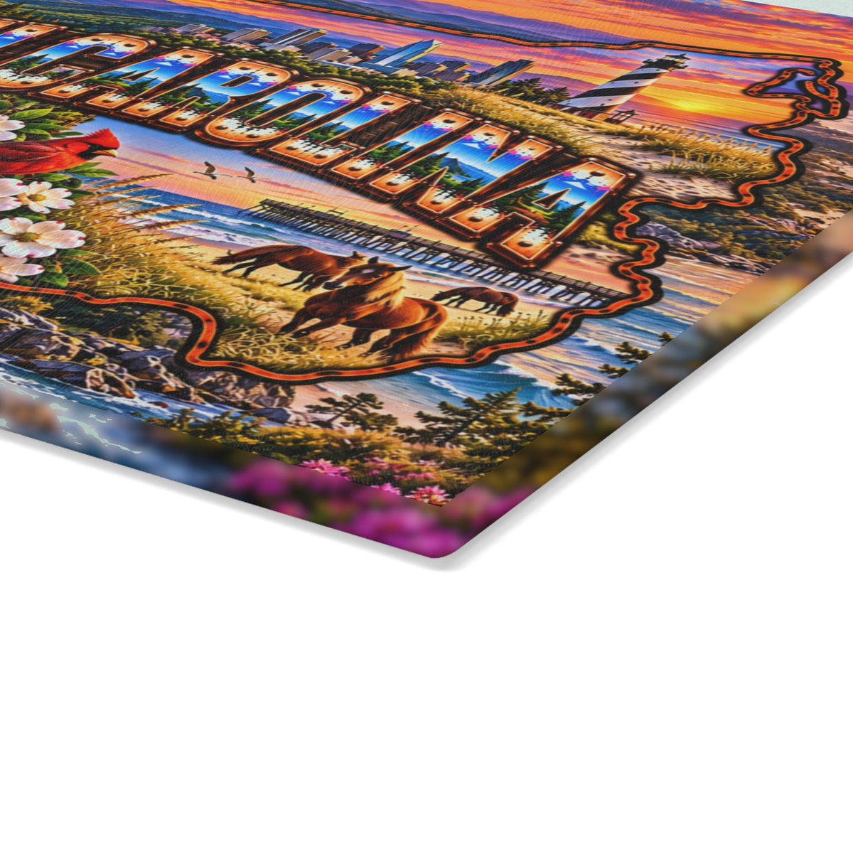 North Carolina Glass Cutting Board – State Map, Blue Ridge Mountains, Cape Hatteras Lighthouse, Cardinal, Wild Horses & Coastal Sunset Kitchen Décor