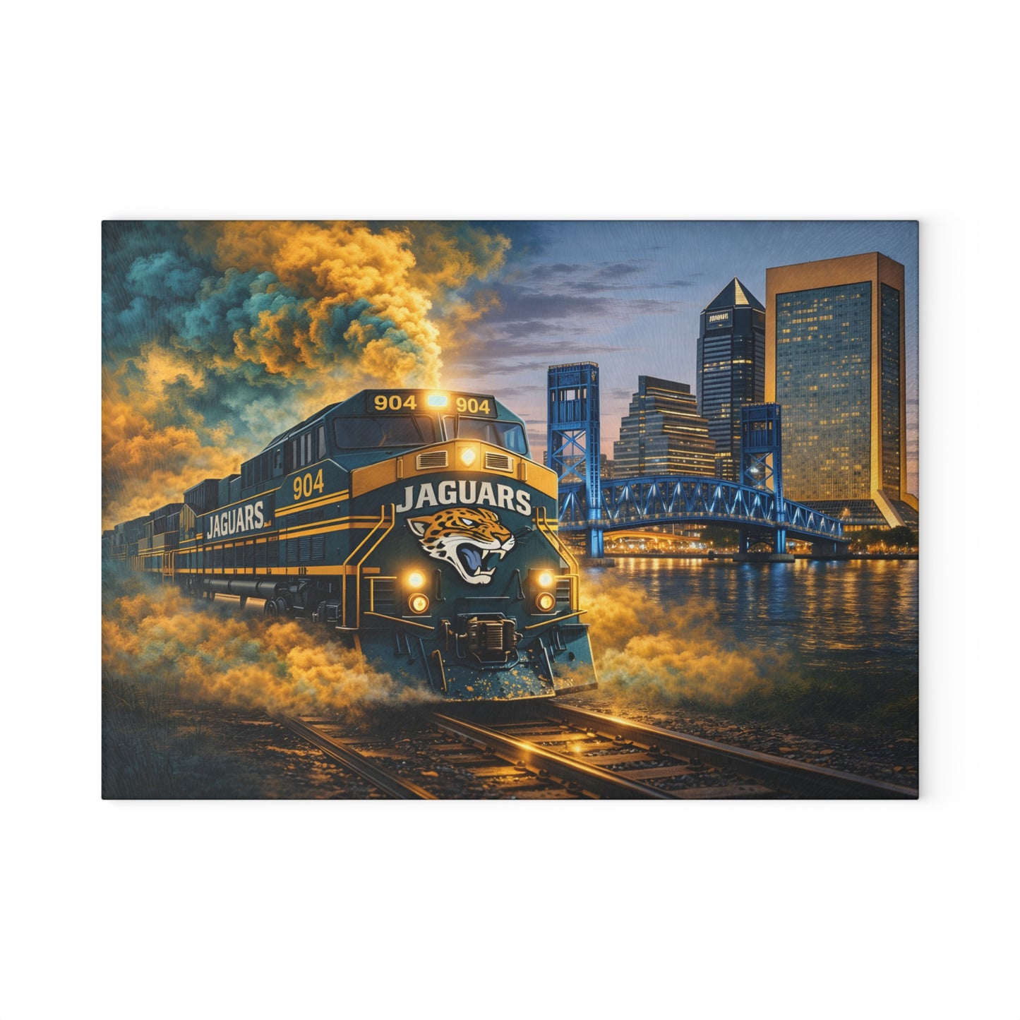 Teal & Gold Power Express Glass Cutting Board – Bold Train Art Kitchen Display