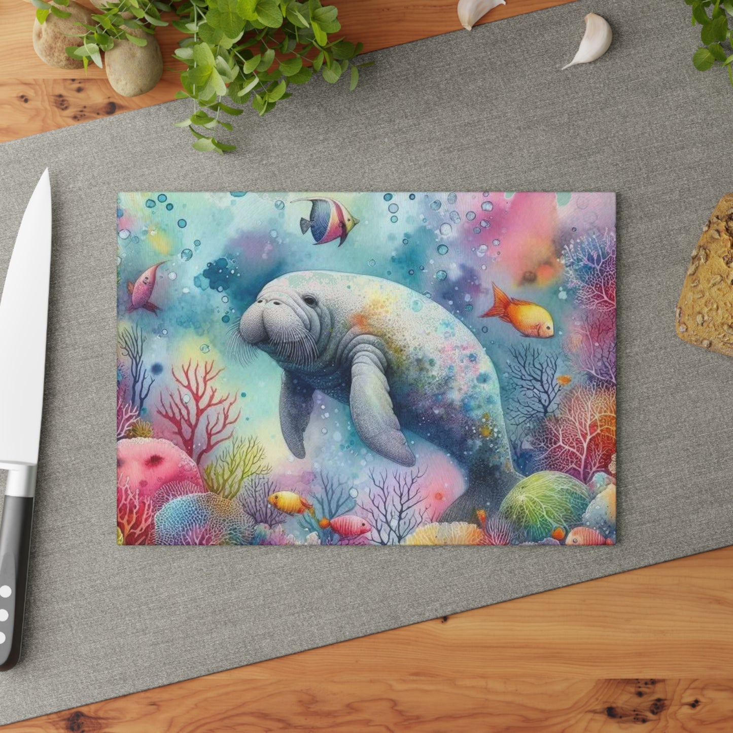 Tabla de cortar de manatí, vidrio texturizado, decoración de cocina de primavera de Florida, regalo para el hogar costero, inauguración de la casa en la playa, amante de los manatíes, arte marino, náutico