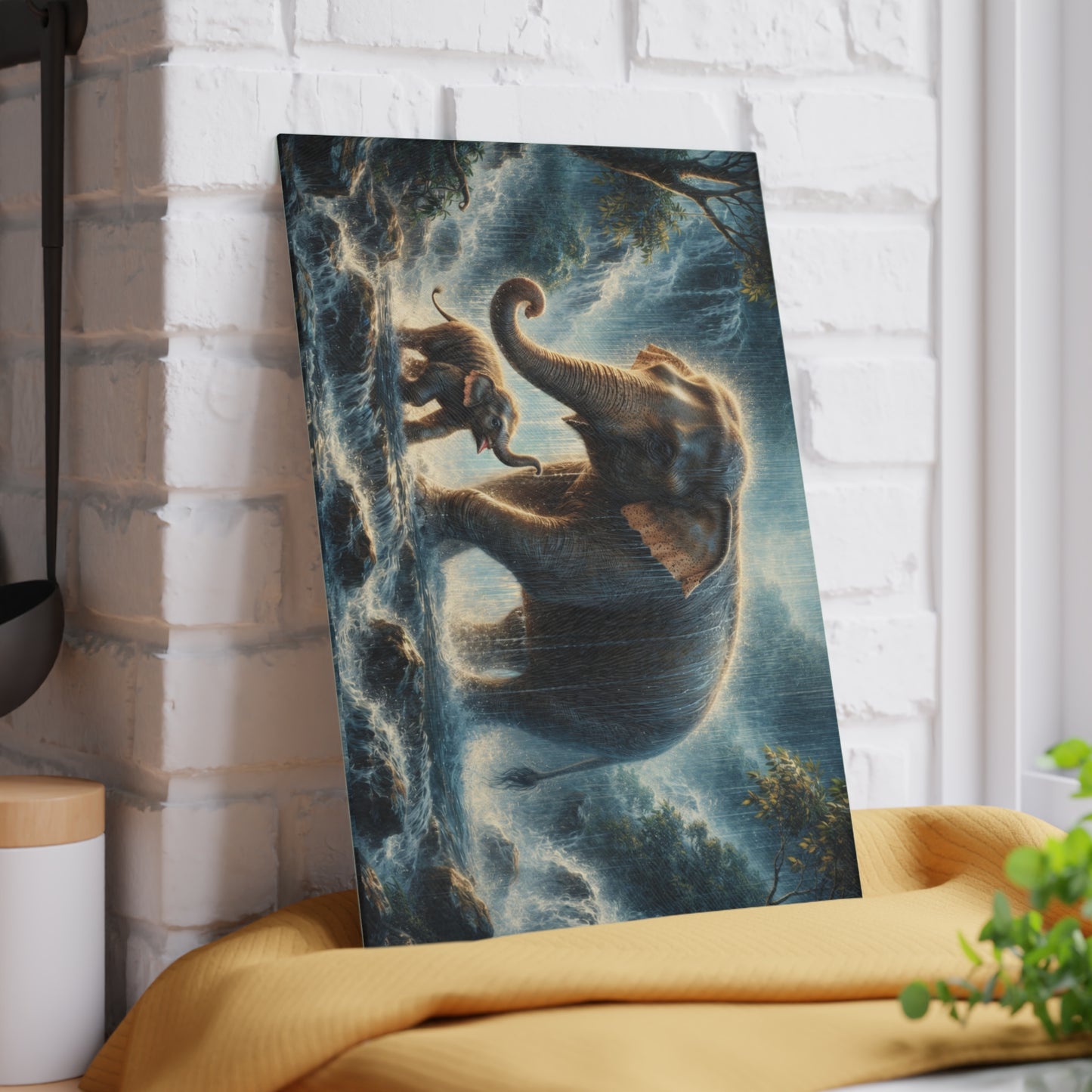 Elephant and Calf Rainforest Waterfall Glass Cutting Board – Dramatic Wildlife Kitchen Art